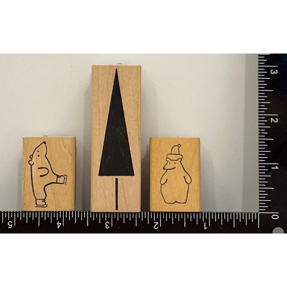MEMORY BOX WOOD MOUNT RUBBER STAMP SET OF 3 SKATING STANDING BEAR CHRISTMAS TREE
